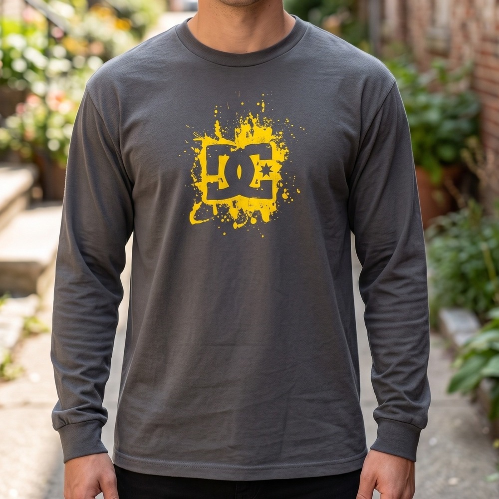 DC Shoes Mens Long Sleeve Skate Splatter Logo Graphic Tee Charcoal Gray Yellow